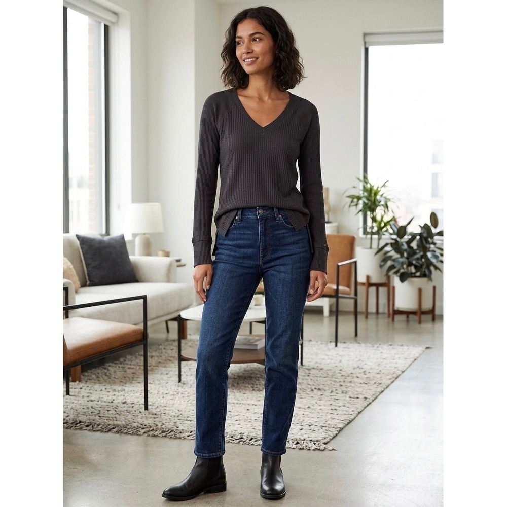 Maeve Anthropologie Waffle Knit Thermal Top V-Neck Charcoal Gray Split Back S